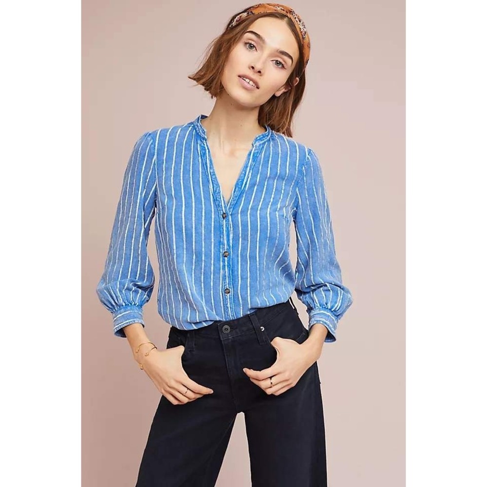 Anthropologie Striped Blouse Womens Size 2 Blue Linen Blend Puff Sleeve V-Neck